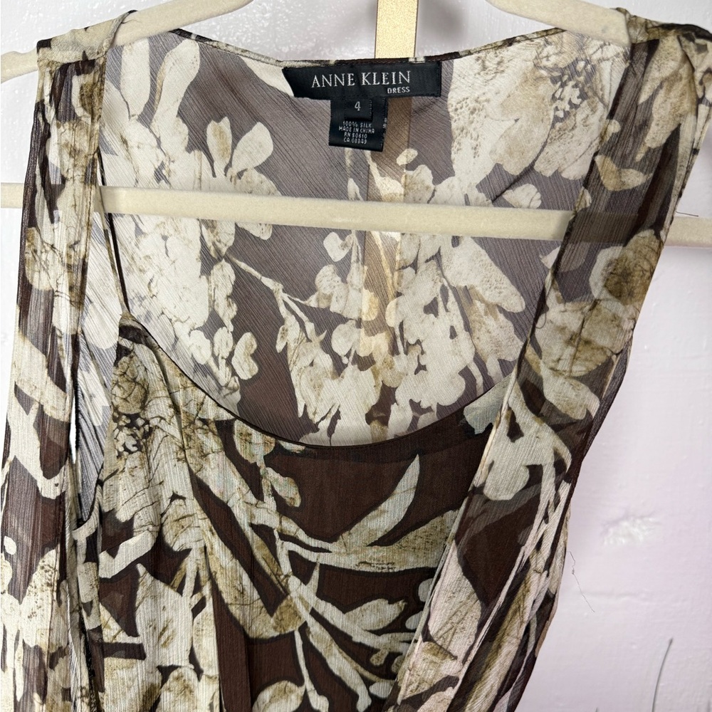 Anne Klein 100% Silk Floral Dress Sleeveless Brown Cream Wrap Waist Midi Dress - Picture 4 of 9